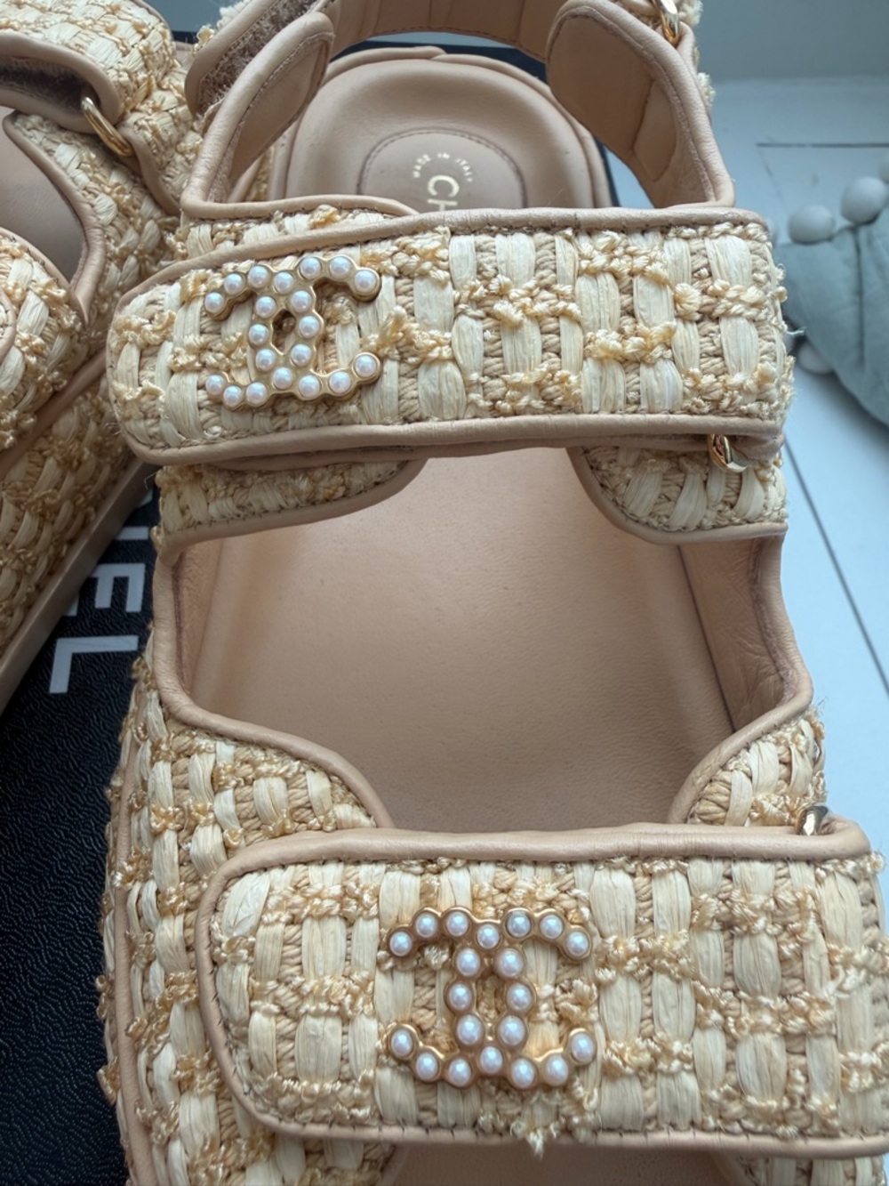 CHANEL Raffia Pearl Dad Sandals 37 Beige 21C CC Logo Velcro - Picture 8 of 16